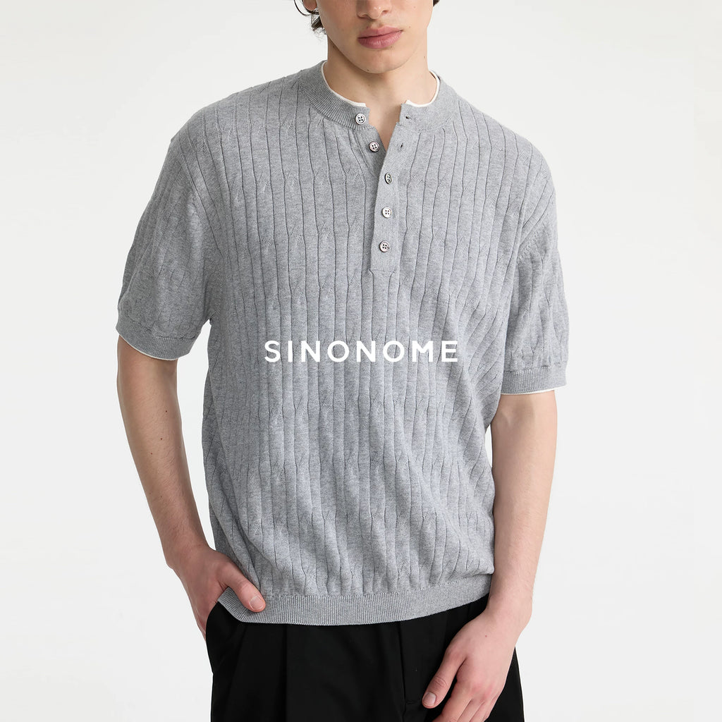SINONOME Twisted Cable Knit Breathable Relaxed Henley Tee