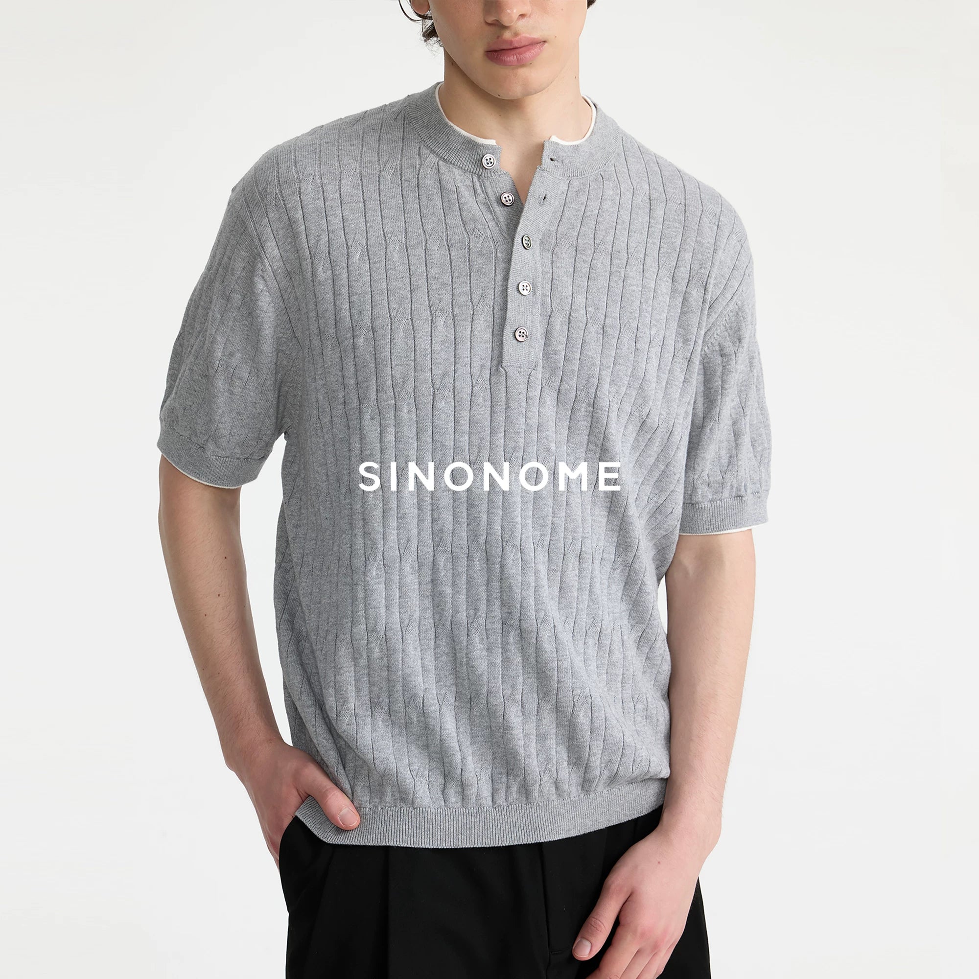 SINONOME Twisted Cable Knit Breathable Relaxed Henley Tee