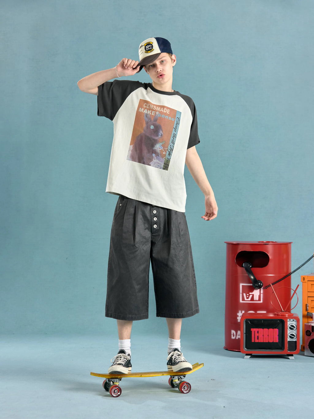CENSMADE Retro Shoulder Splicing Casual Loose Tee