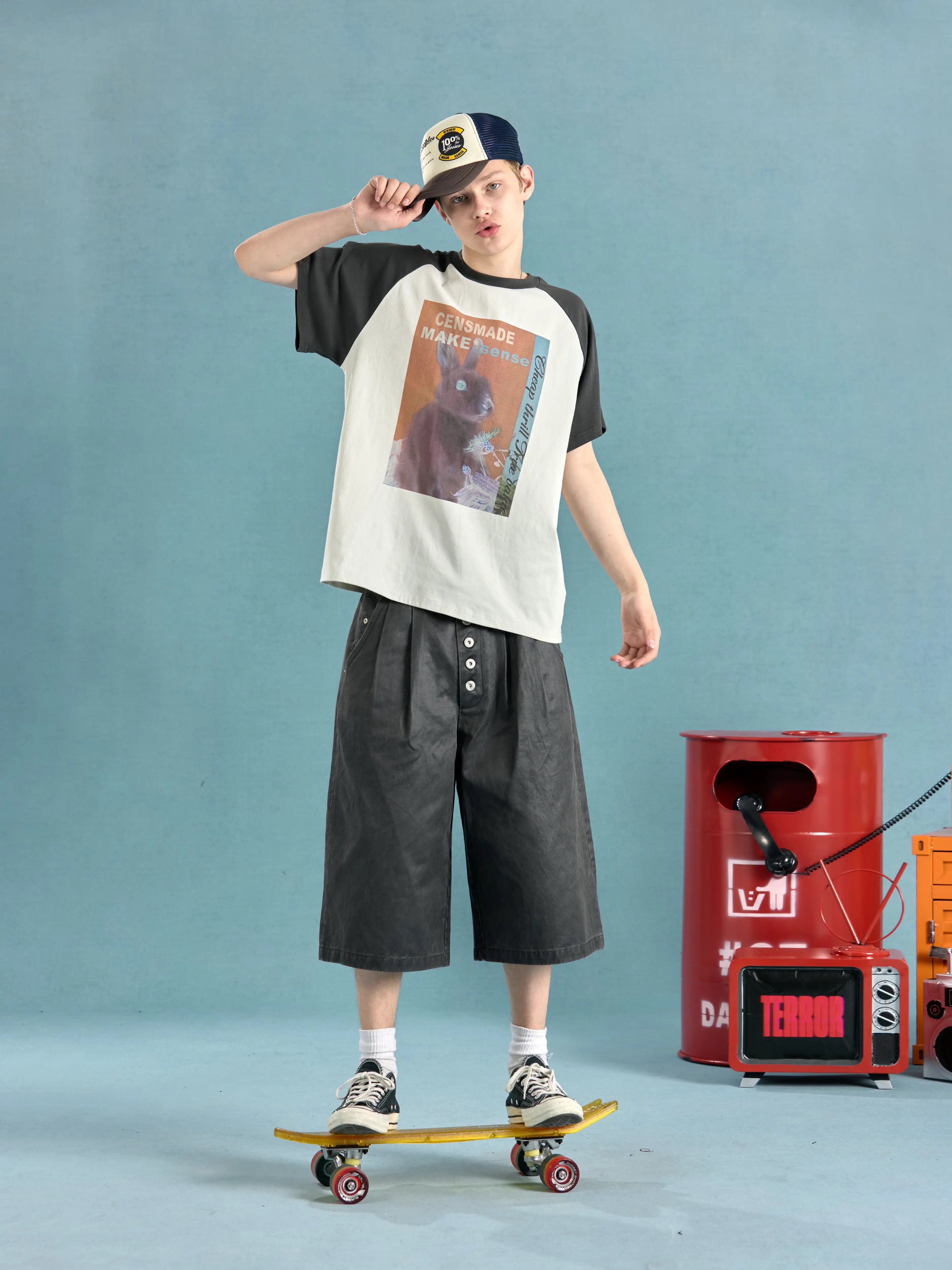 CENSMADE Retro Shoulder Splicing Casual Loose Tee