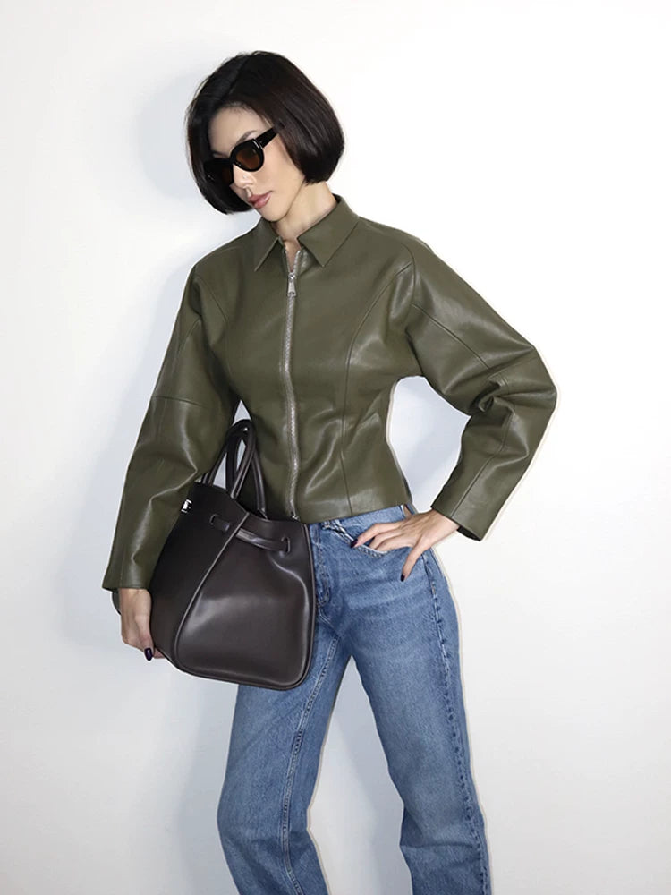 VanessaLab Vintage Slim Fit Waist Short Leather Jacket