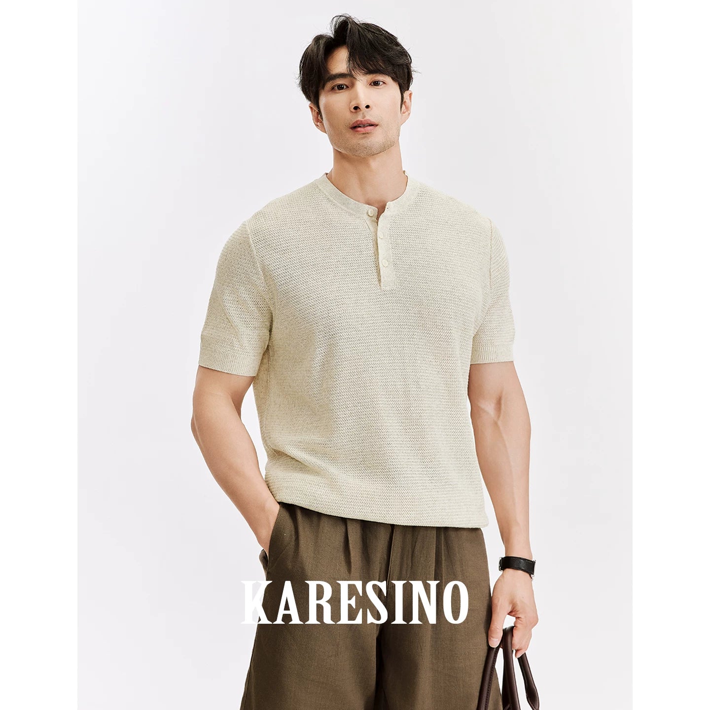 KARESINO Men's Breathable Linen Henley Knit Polo Shirt - Casual Tee