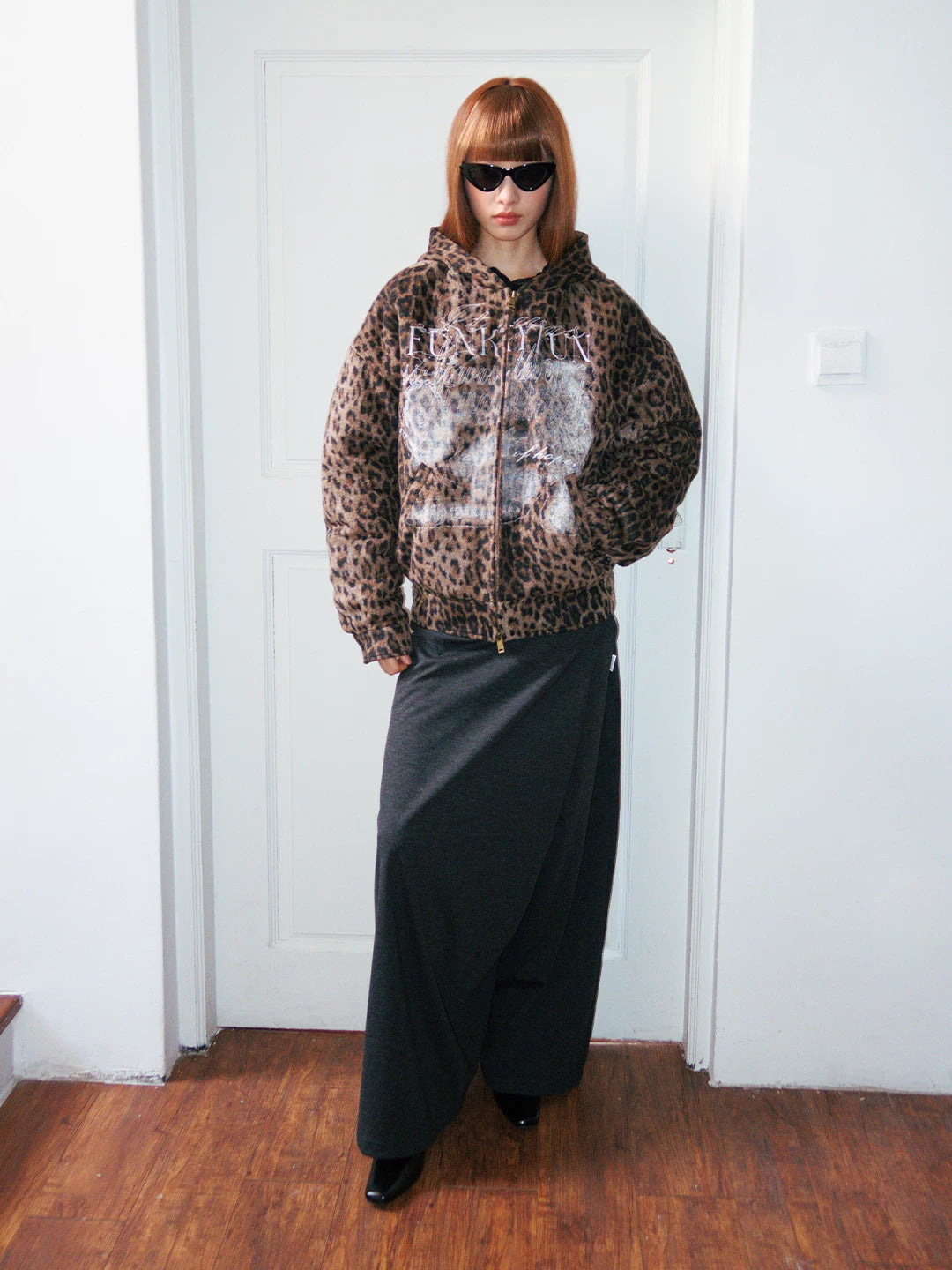 FUNKYFUN dark leopard print old print padded cotton thickened cotton clothes hooded sweater jacket