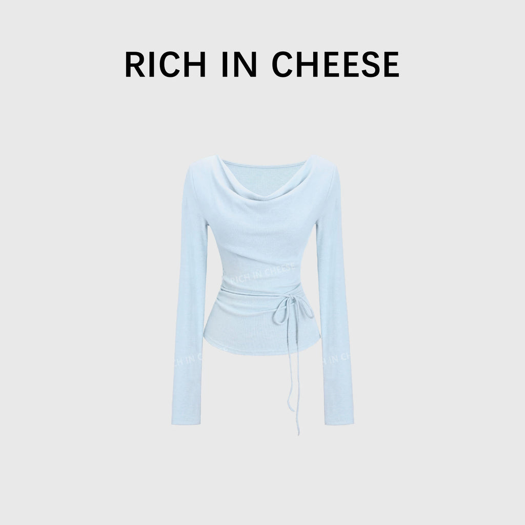 RICH IN CHEESE Waist Fold Temperament Swing Neck Long Sleeve