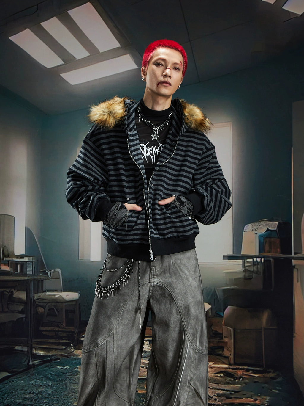 NOMANIAI Hairy Stitching Striped Zipper Hooded Sweater Jacket