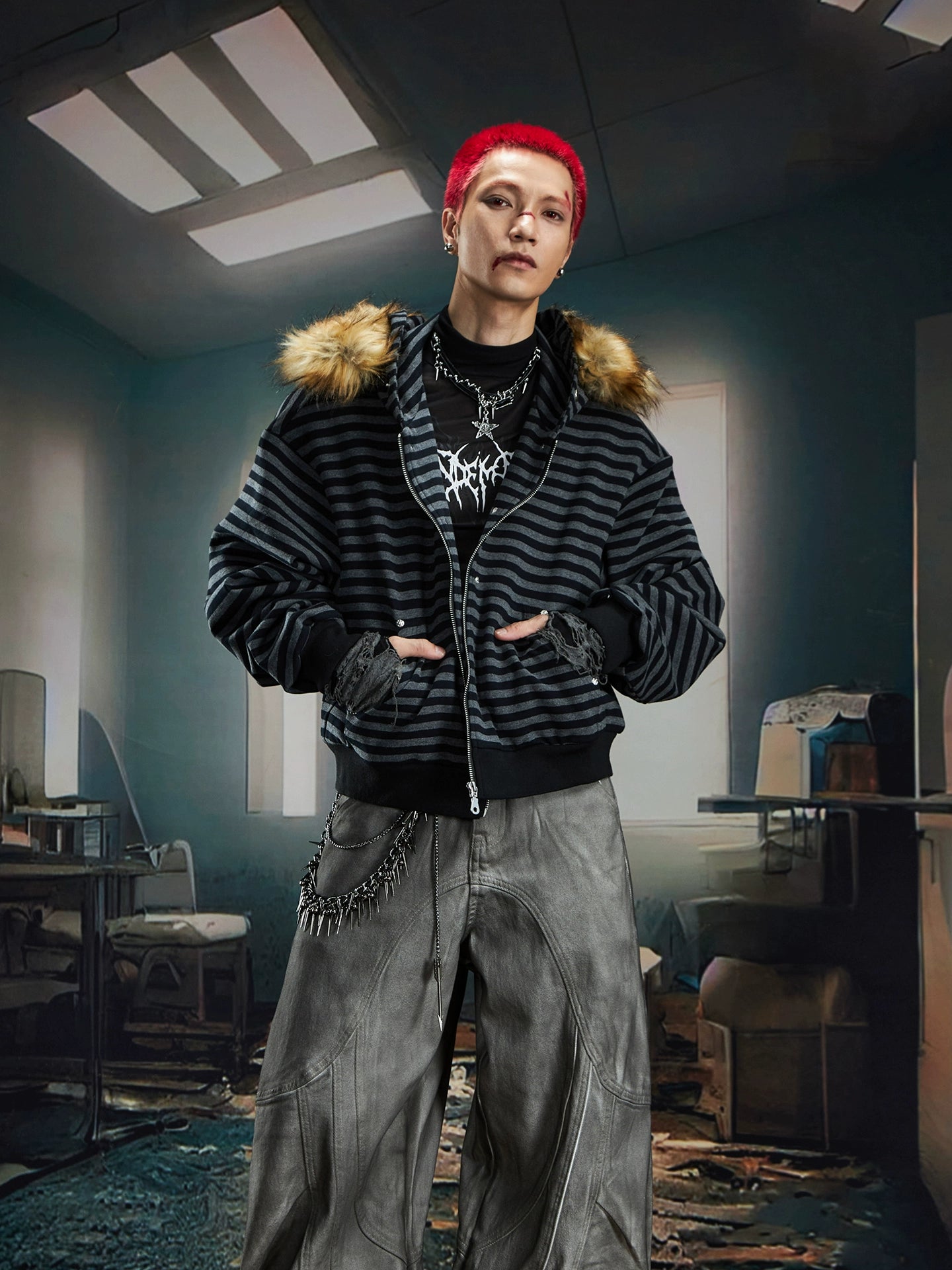 NOMANIAI Hairy Stitching Striped Zipper Hooded Sweater Jacket