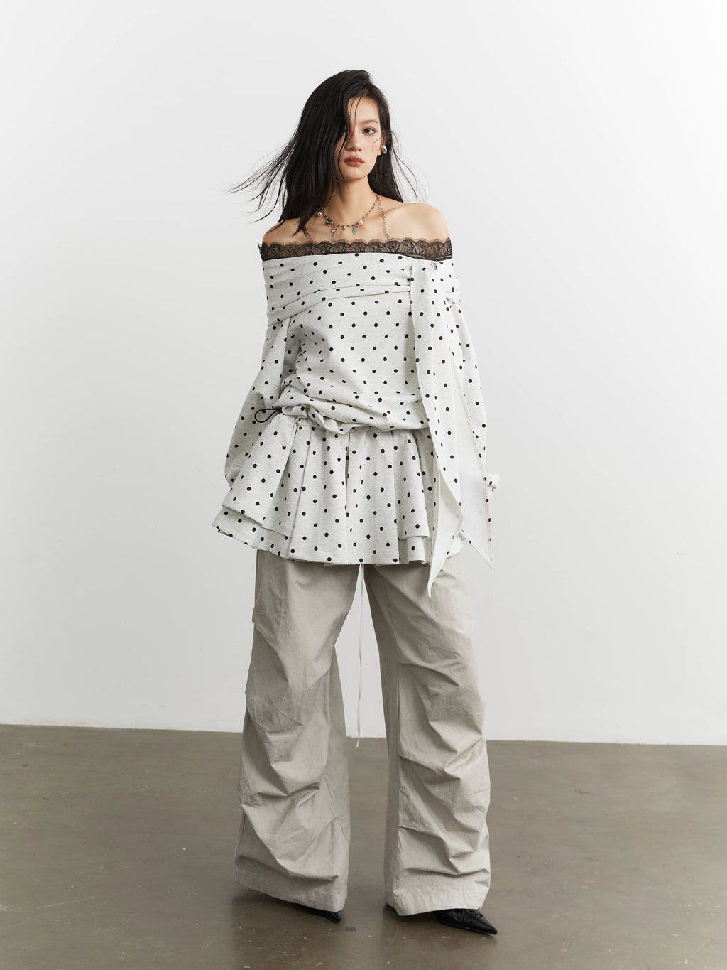 JNYLON Strappy Off-the-shoulder Polka Dot Sweater