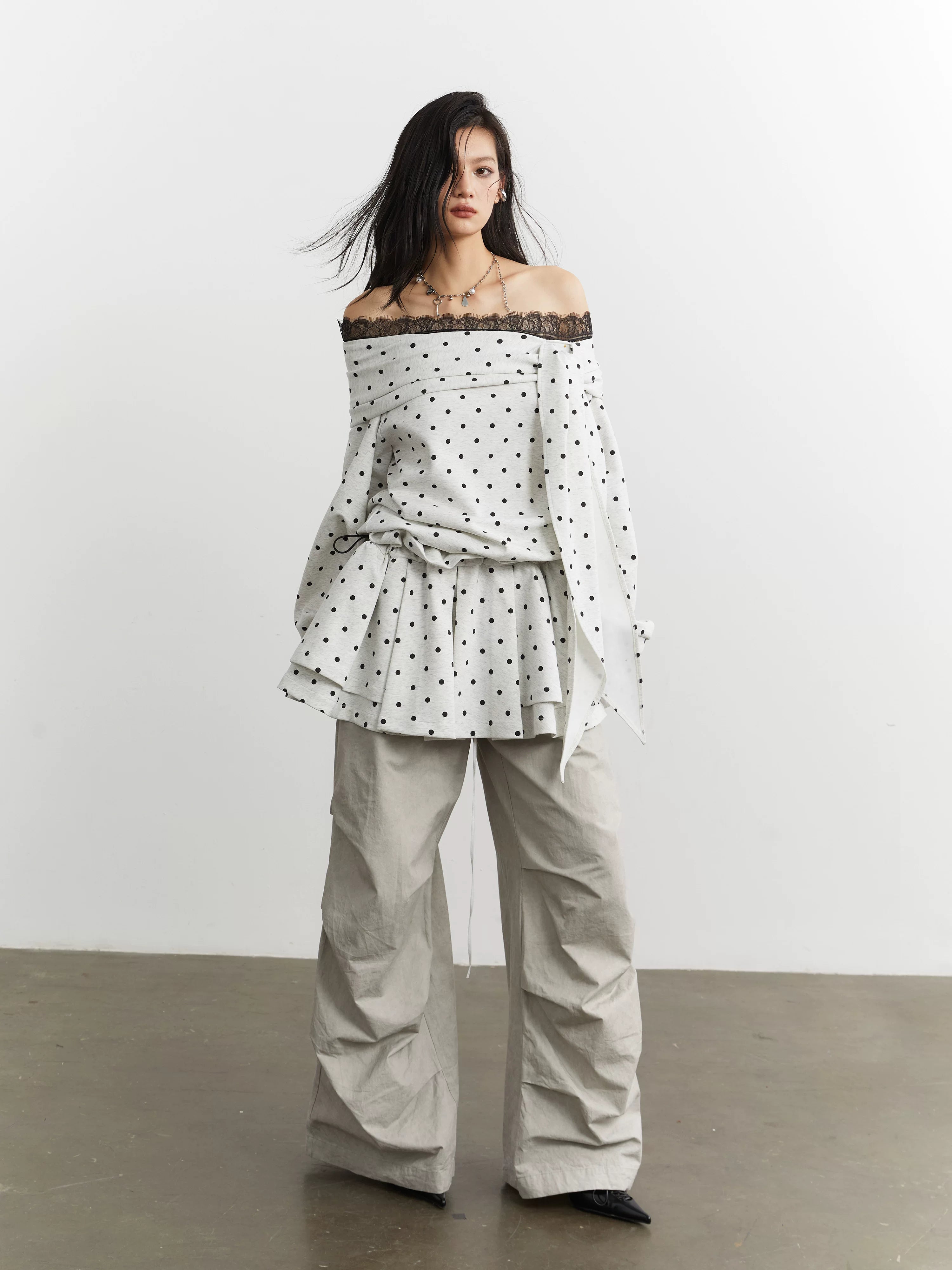 JNYLON Strappy Off-the-shoulder Polka Dot Sweater
