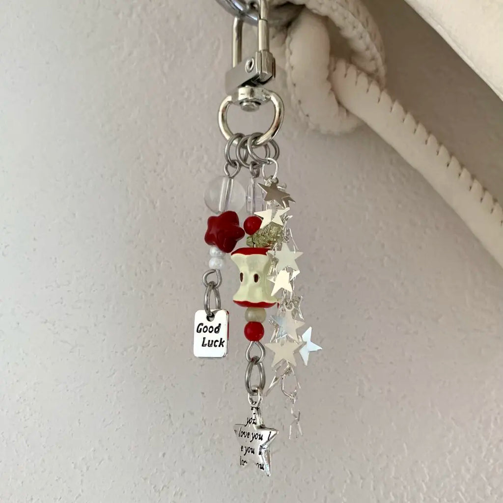 XTZ Acrylic Beaded Phone Strap With Star And Red Berry Charms