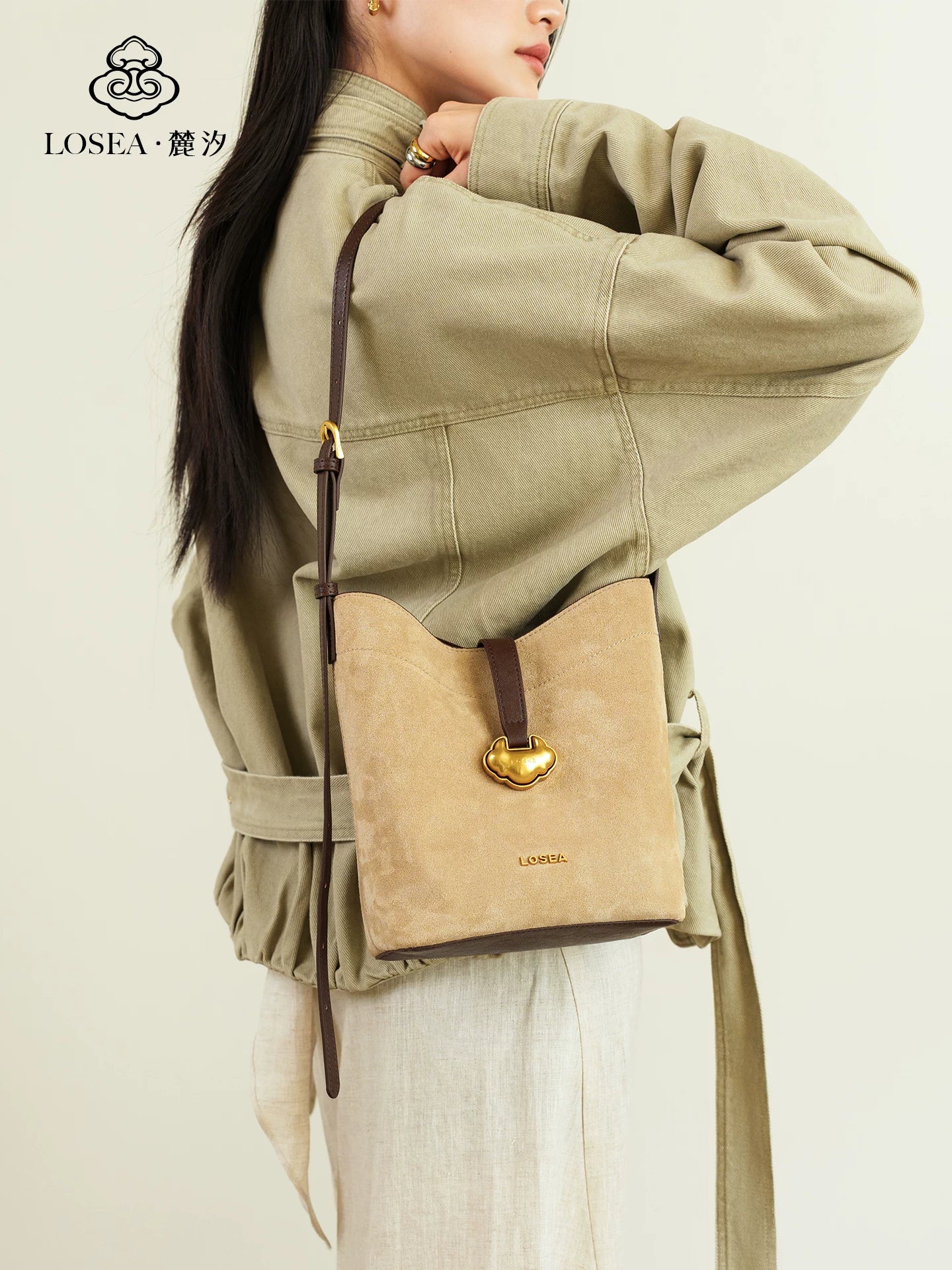 LOSEA Leather Velvet Splicing Bucket Bag