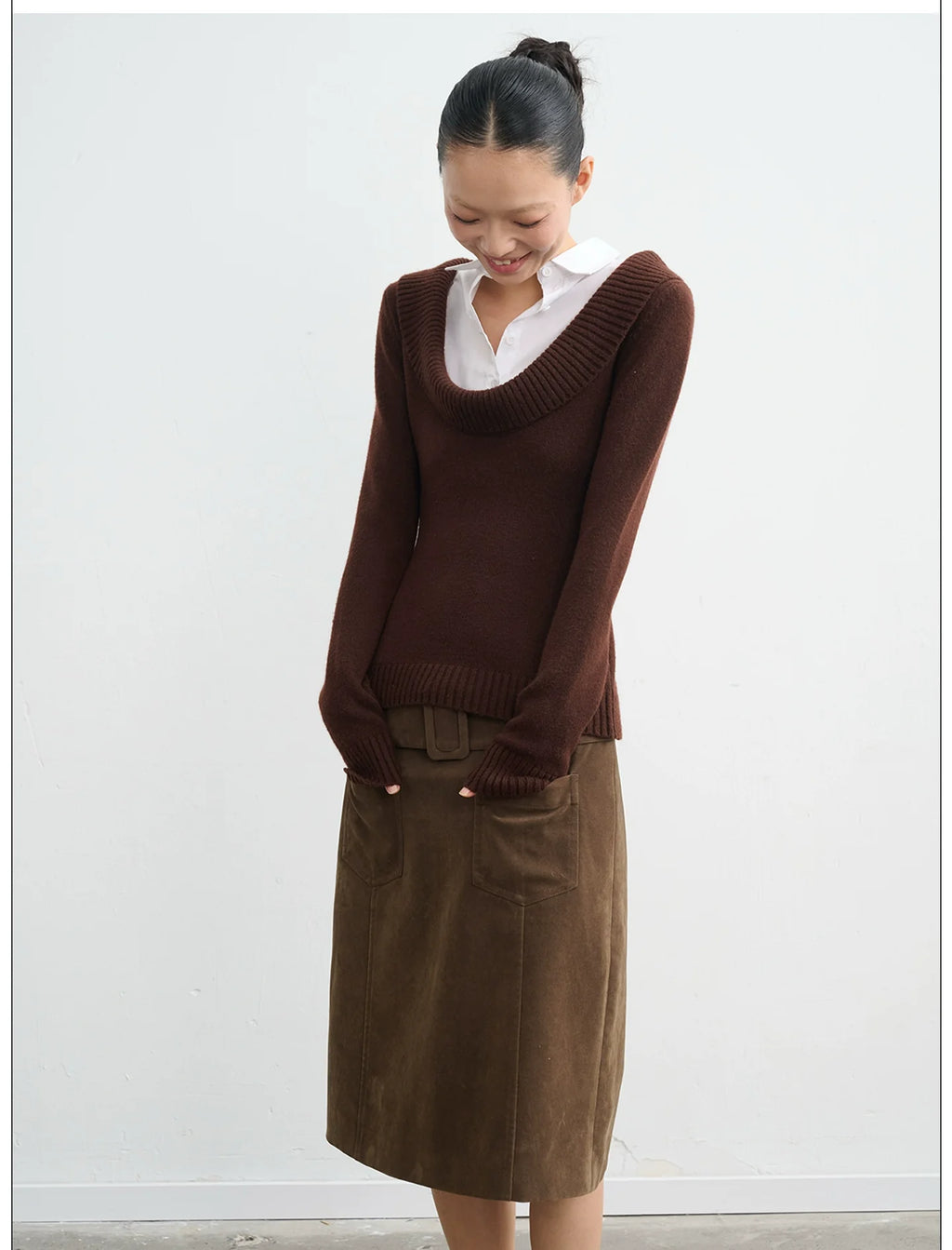 (Clearance) LINY LIBERTY Deep U-neck Fake Two-piece Slim-fit Knitted Sweater