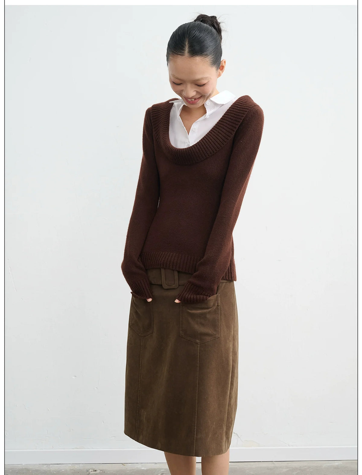 (Clearance) LINY LIBERTY Deep U-neck Fake Two-piece Slim-fit Knitted Sweater