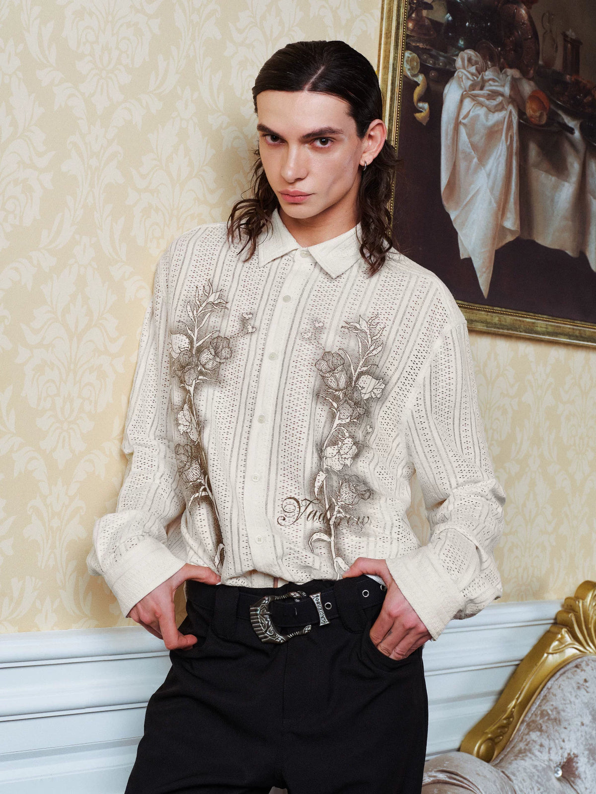 YADcrew Botanical Lace Loose Long-Sleeve Shirt