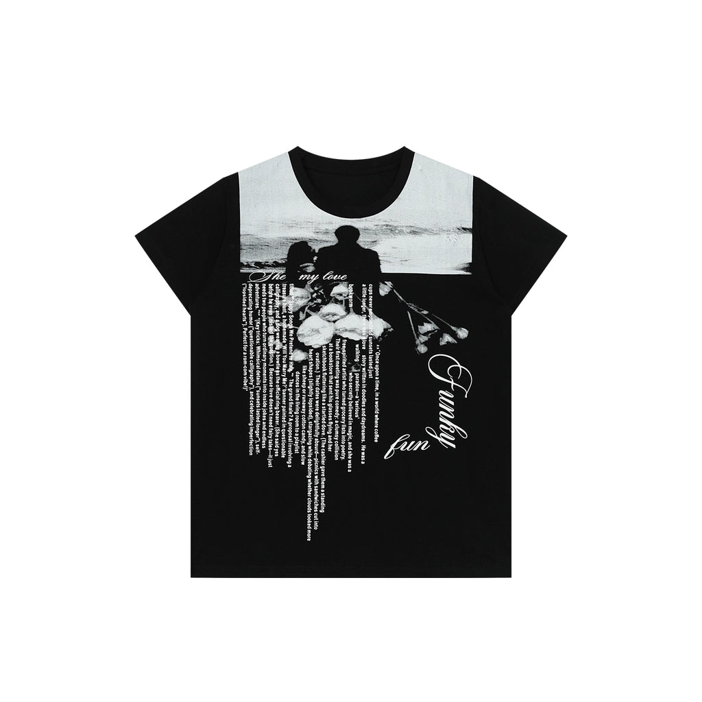 FUNKYFUN Full Print Portrait Slogan Front Shoulder Tee