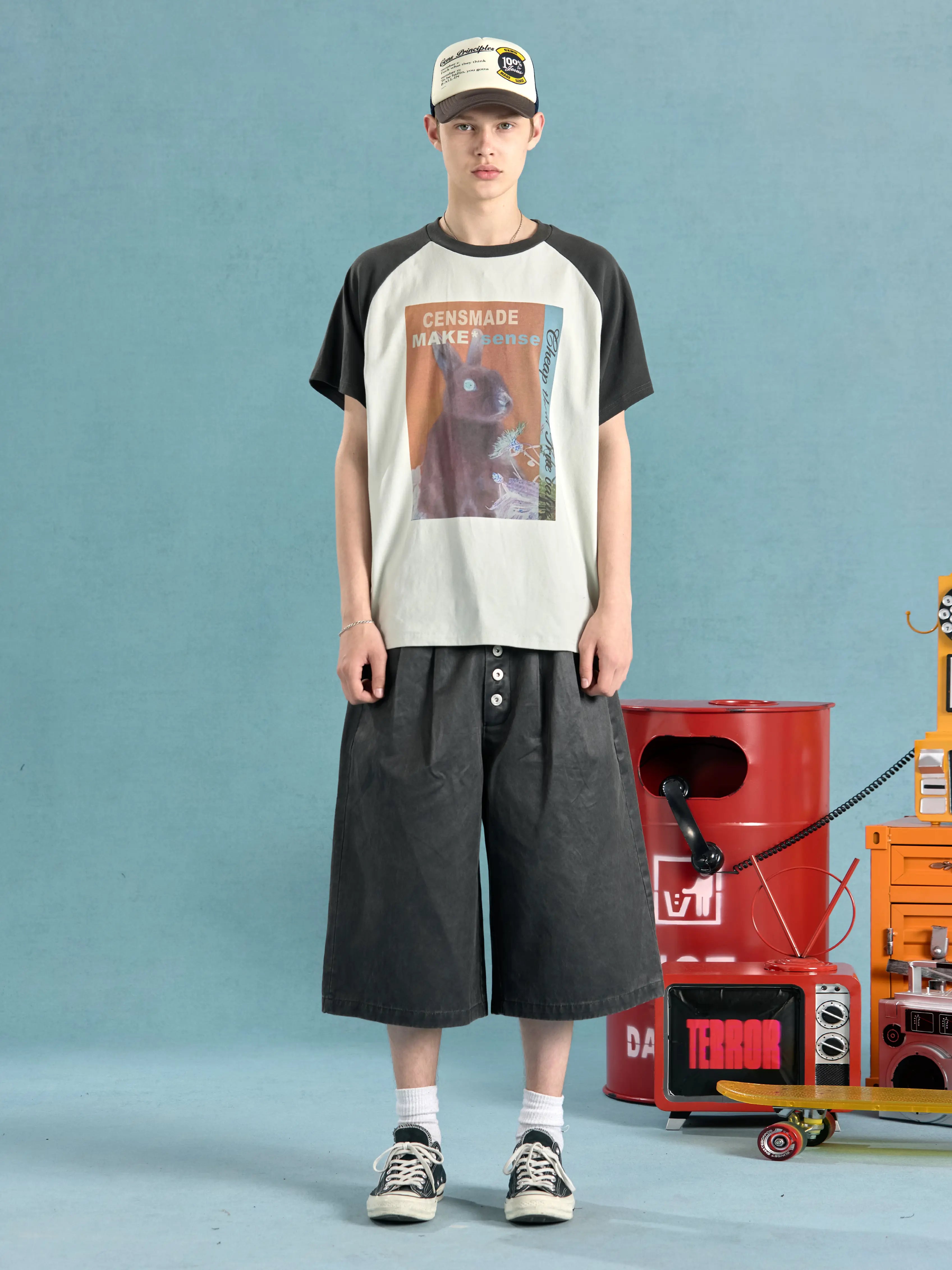 CENSMADE Retro Shoulder Splicing Casual Loose Tee