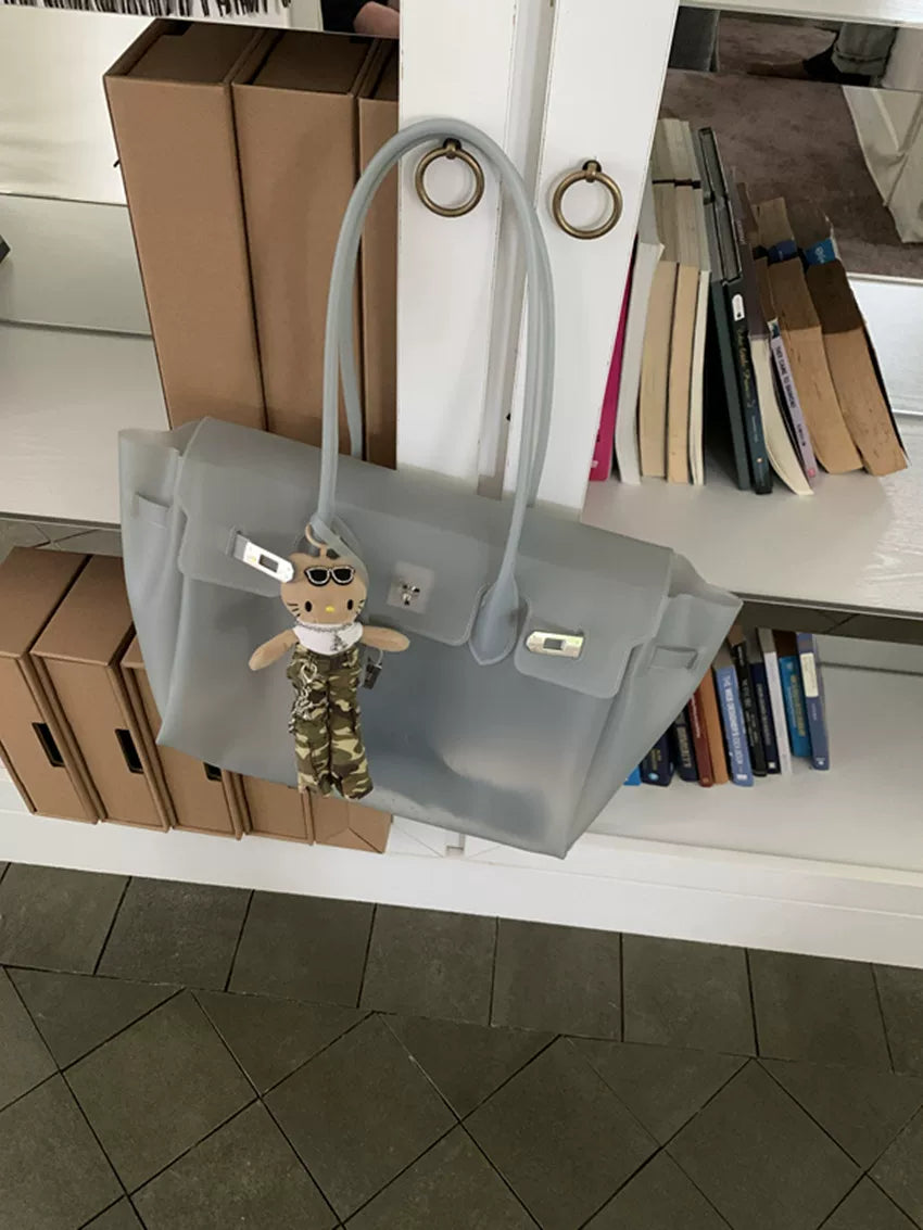 Fat*2 Semi-Transparent Faux Leather Buckle Top-Handle Bag