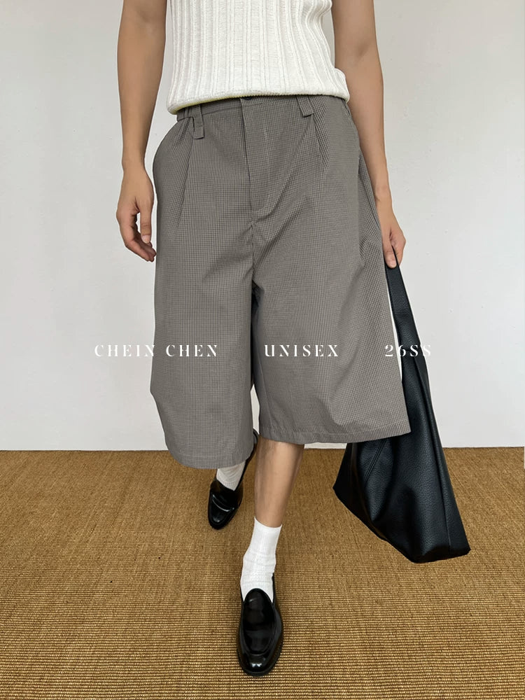 CHEIN CHEN Optical Illusion Plaid Drawstring Loose Capri Pants
