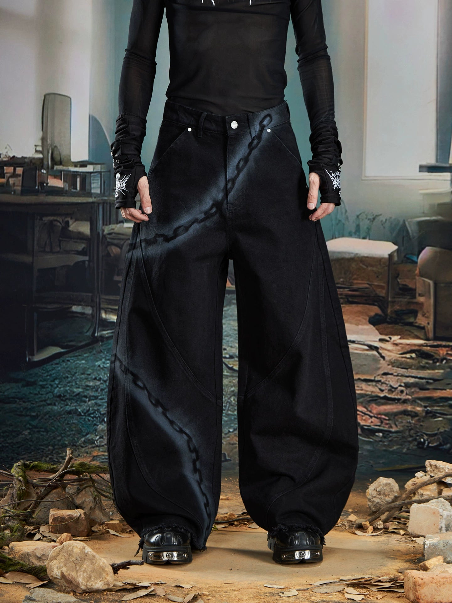 NOMANIAI Inkjet Graffiti Wide-leg Scimitar Jeans
