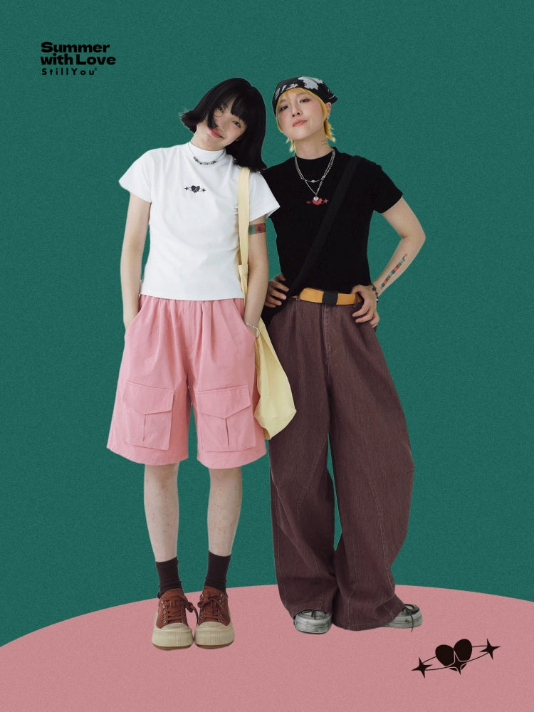 STILLYOU Retro Versatile Love Print Half Turtleneck Tee