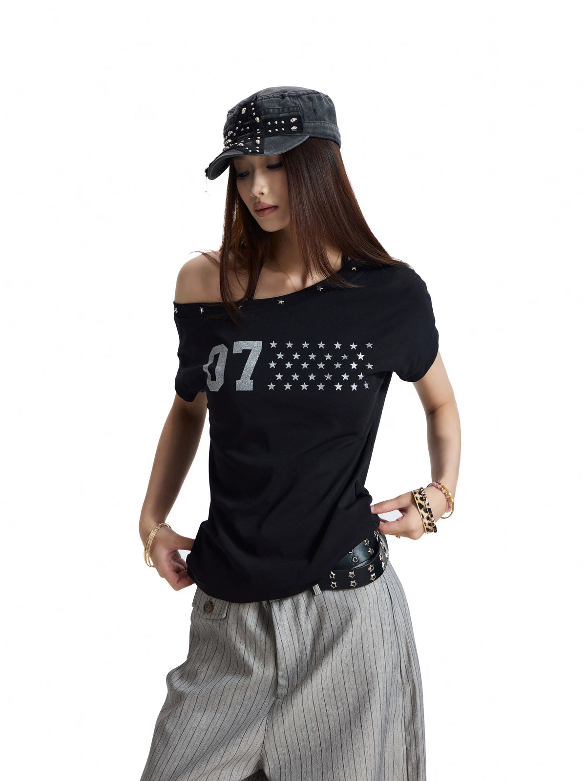 ANTSSTNA Star Number Print Off-Shoulder Cropped Tee