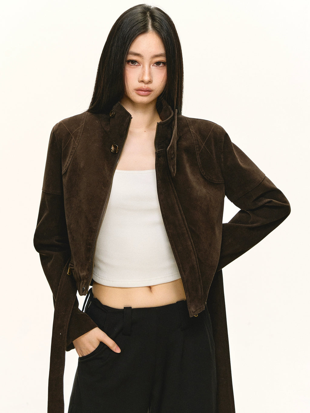 Anna Aneae Stand-up Collar Suede PU Jacket