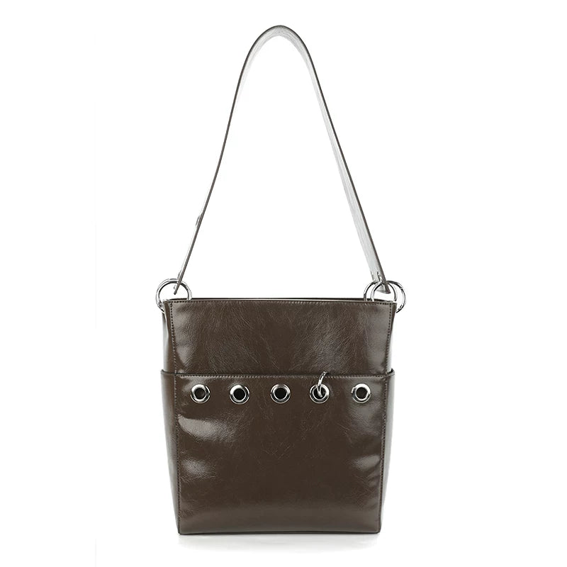 JANDRESS Cold Brown Faux Leather Zip-Top Bucket Bag