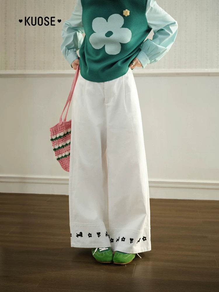 KUOSE Lace-embroidered Straight Wide-leg Pants