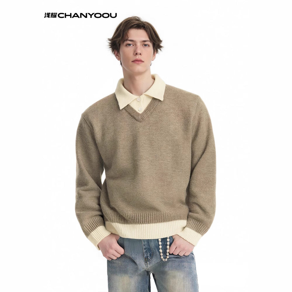 CHANYOOU Retro Color Matching Fake Two-piece POLO Neck Knitted Sweater