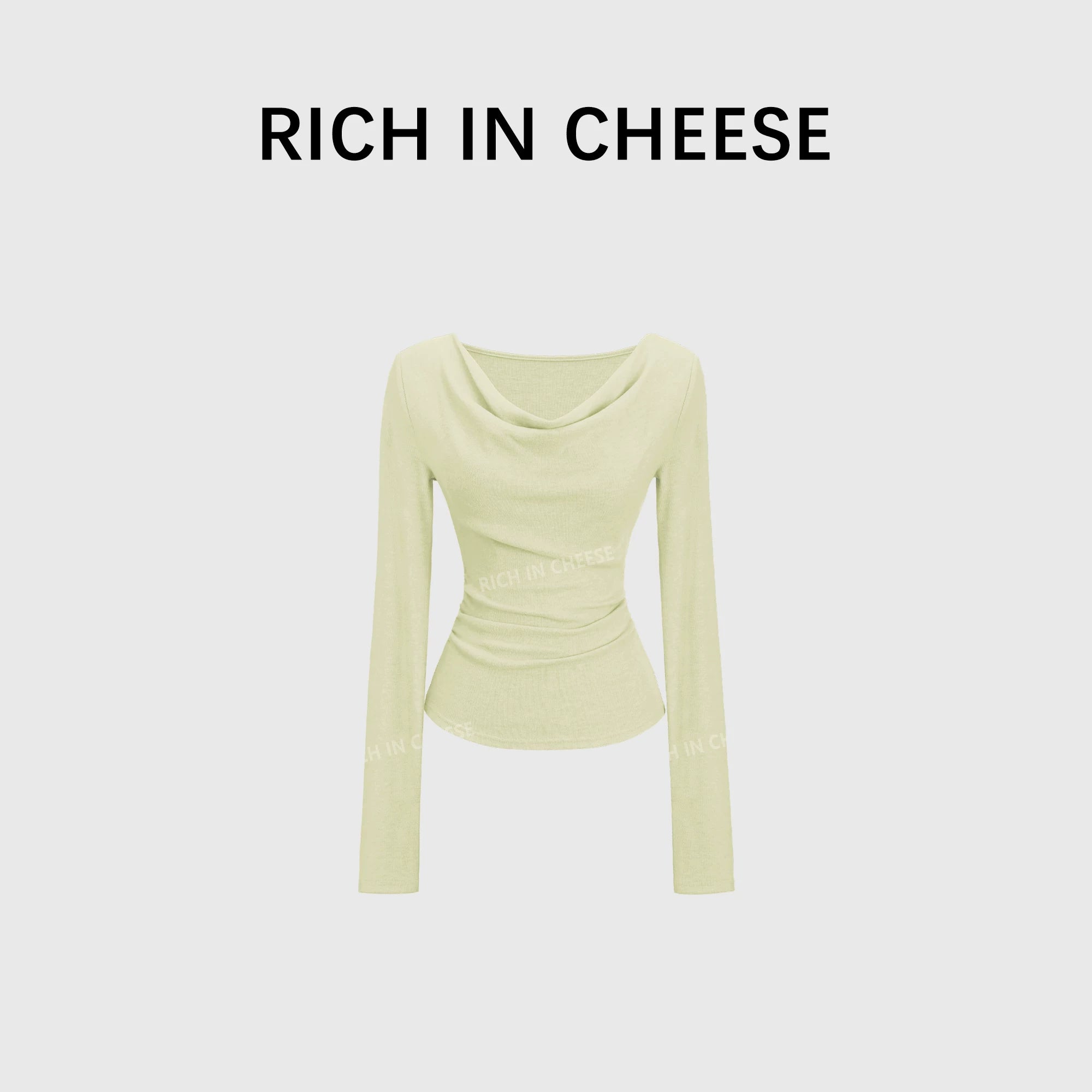 RICH IN CHEESE Swing Neck Knitted Waist Pleated Long Sleeves
