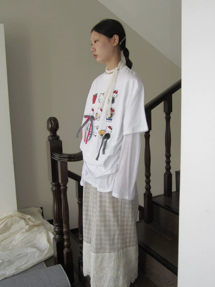 3months Youthful Cat Print Bow Loose Tee