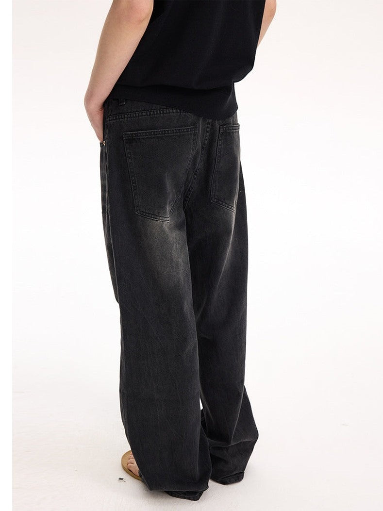 UNF 13.5oz Blockbuster Washed Old Cat Whiskers Baggy Bull Wide Leg Black Jeans