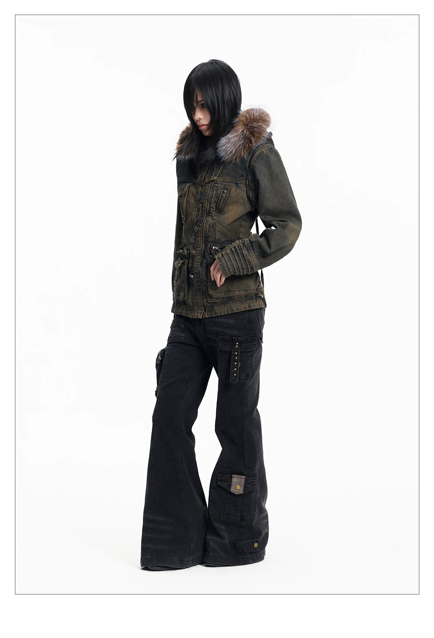 Lightinus Removable Sleeve Fur Collar Two Wear Strap Waist Denim Jacket