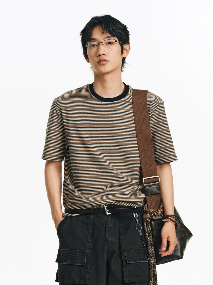 LIMPIDOCULUS Silhouette Contrasting Ribbed Crew Neck Vintage Striped TEE