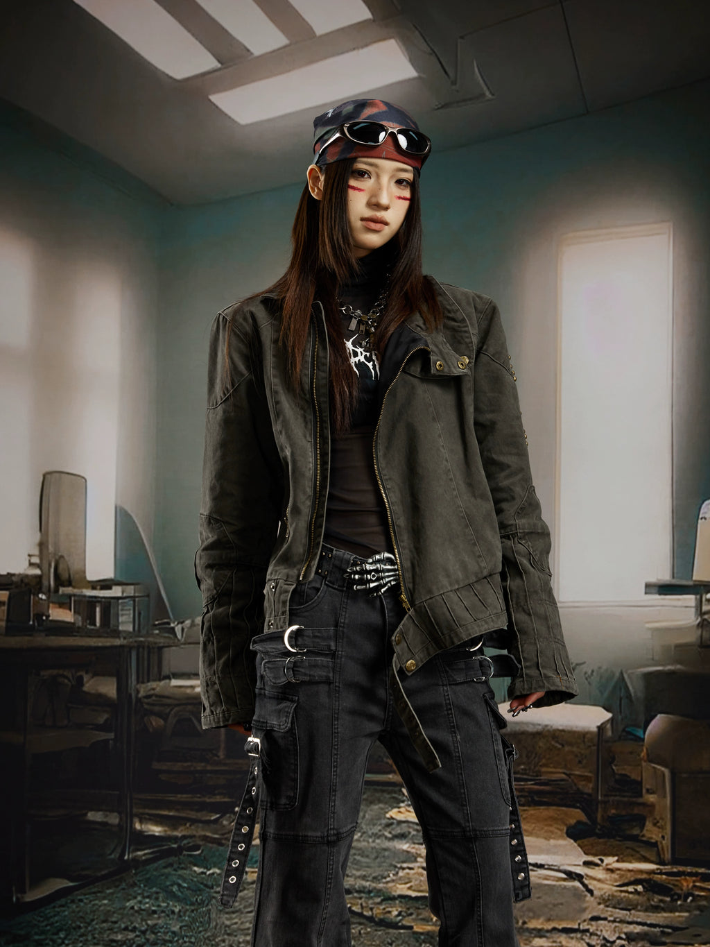 NOMANIAI Old Embroidered Bronze Rivet Short Denim Jacket