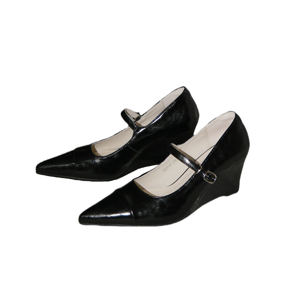 Mooreyu Wedge Heel Shallow Mouth One-word Buckle Mary Jane Shoes