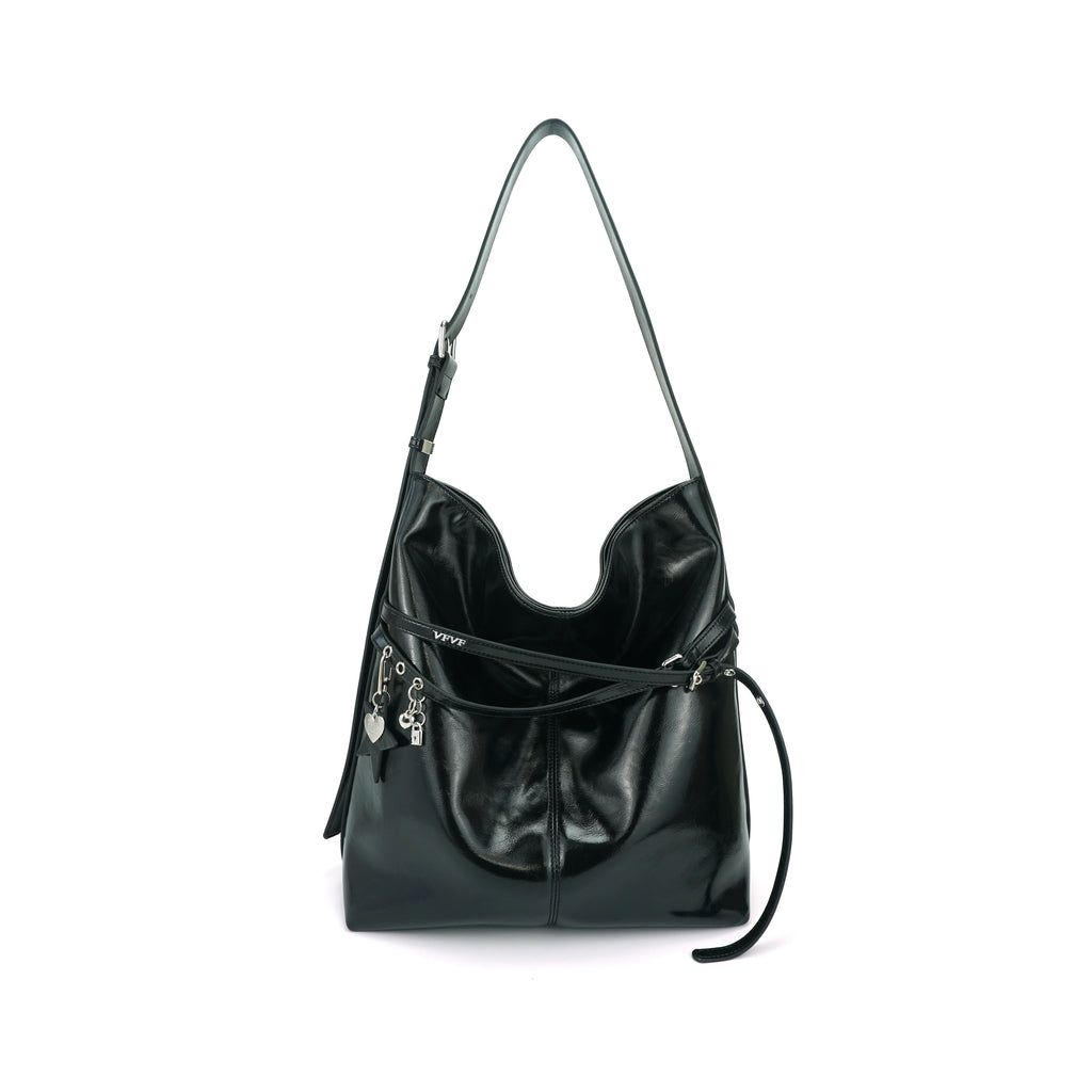 VFVF Black PU Leather Zip-Top Shoulder Bag