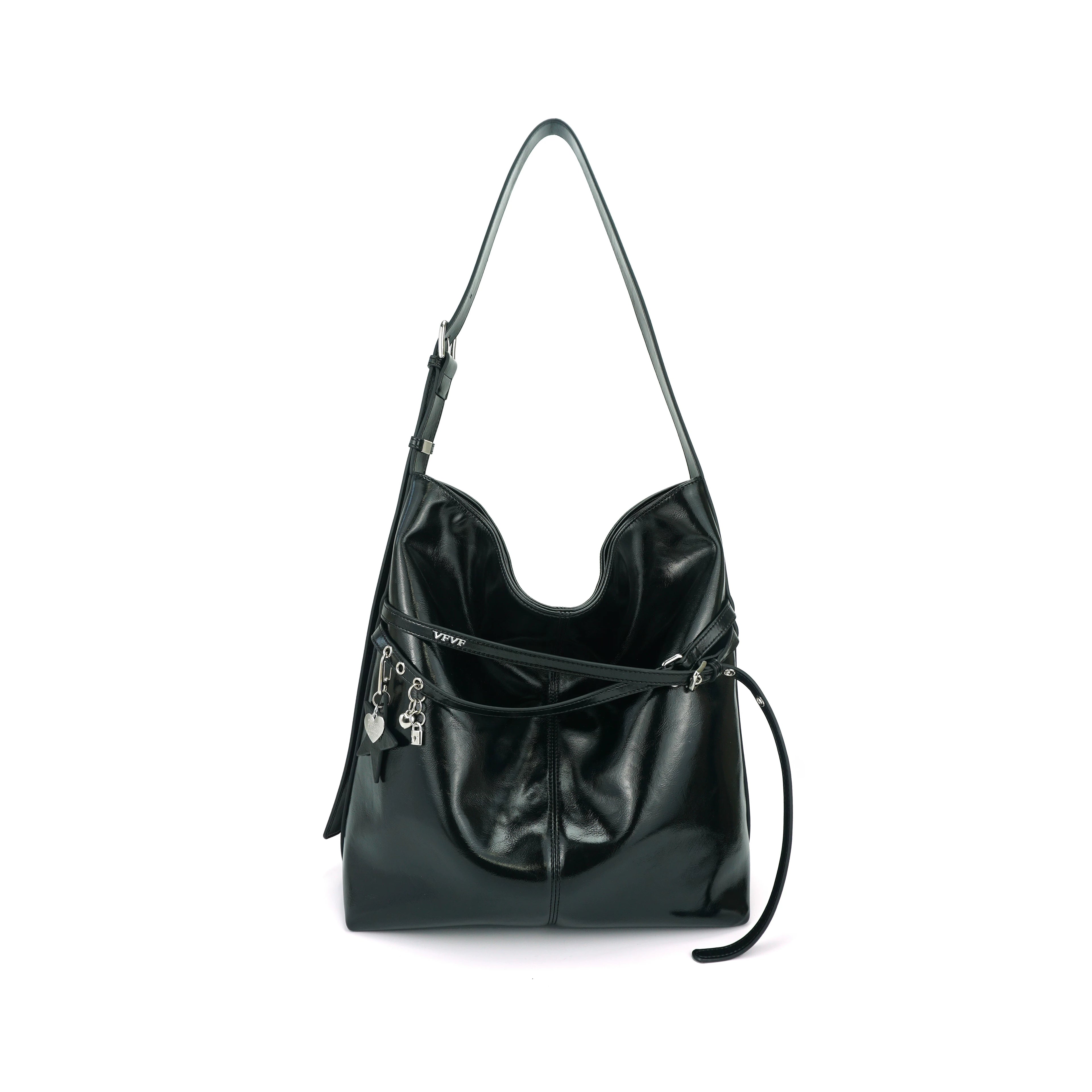 VFVF Black PU Leather Zip-Top Shoulder Bag
