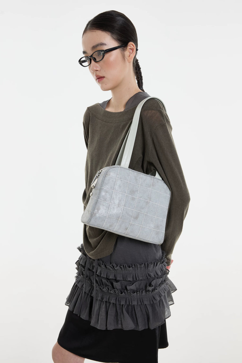 DIRTY SIX Gray Woven Fabric Zip-Top Shoulder Bag