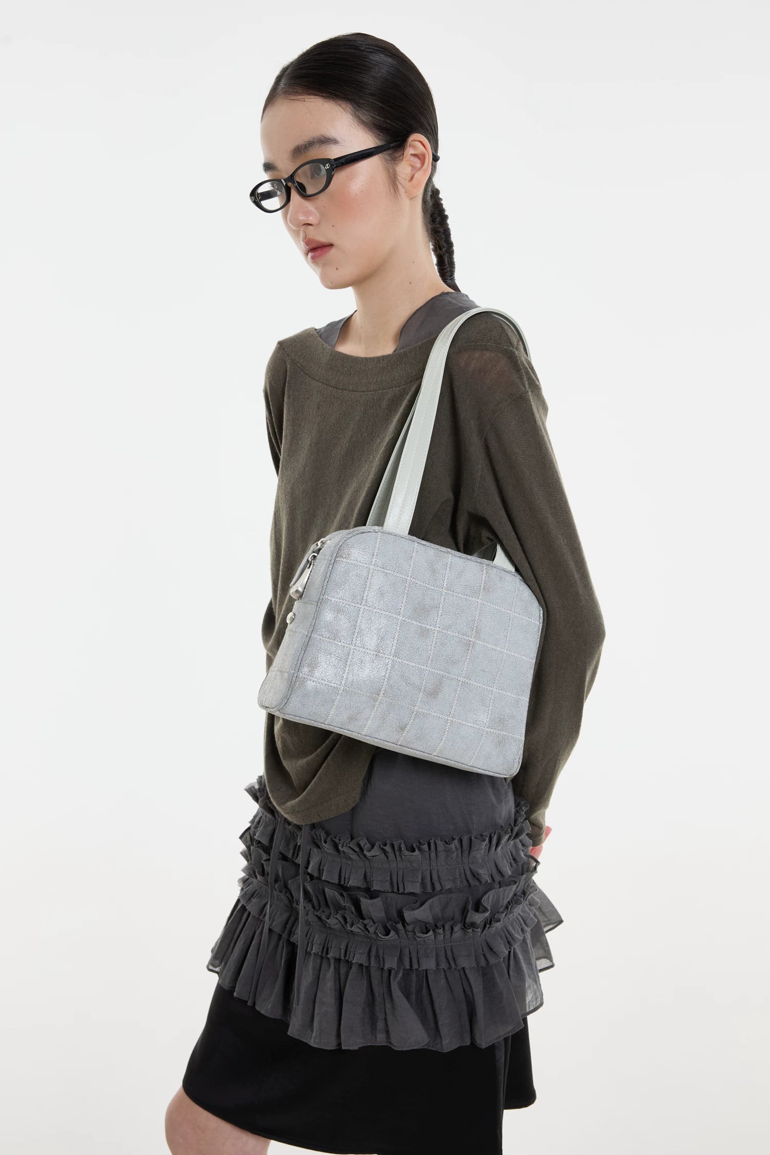 DIRTY SIX Gray Woven Fabric Zip-Top Shoulder Bag