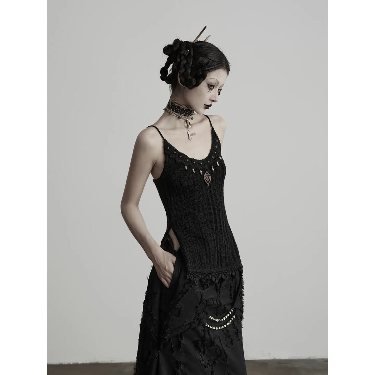 INDULGE Witchy Wooden Bead Slit Relaxed Tank Top
