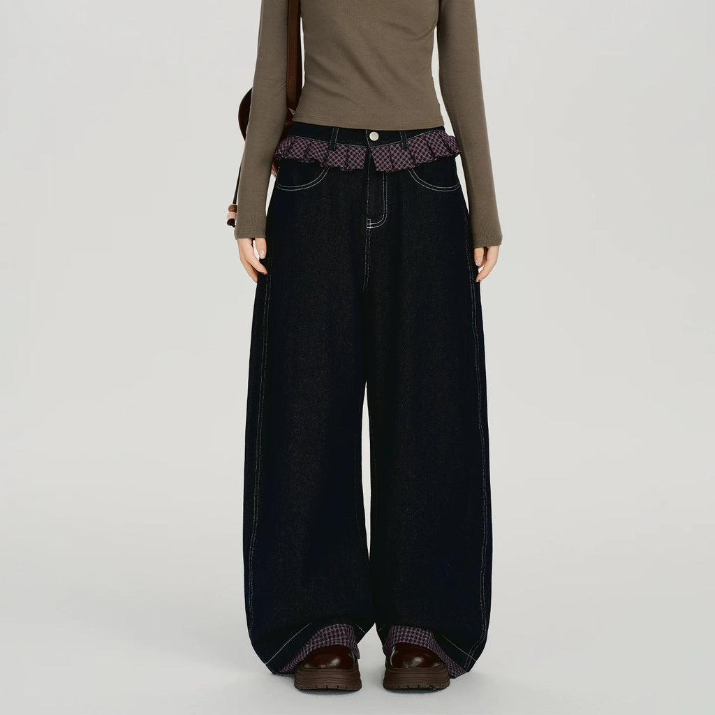 Girlyhalo Vintage Checked Lace Splicing Denim Scimitar Pants