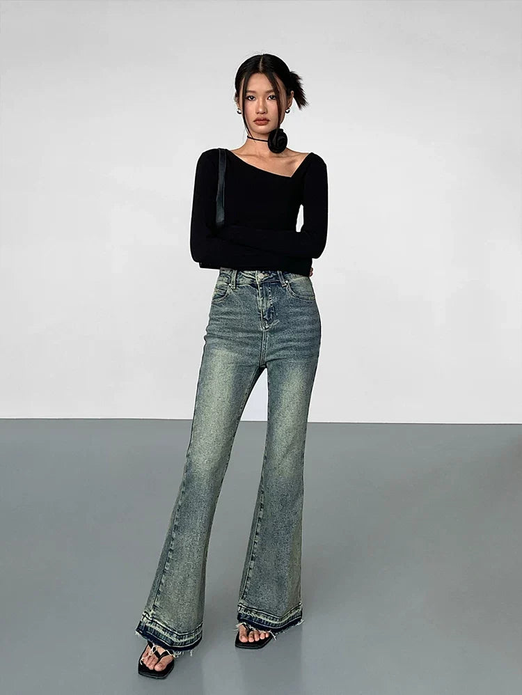 (Clearance) OUSPH Vintage High Waist Burr Edge Pull Jeans