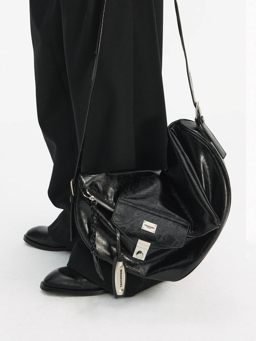 TAICHIISM Waxy Distressed Faux Leather Fold-Over Crossbody Bag