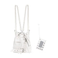 JANDRESS White Faux Leather Drawstring Bucket Bag with Rivet Strap