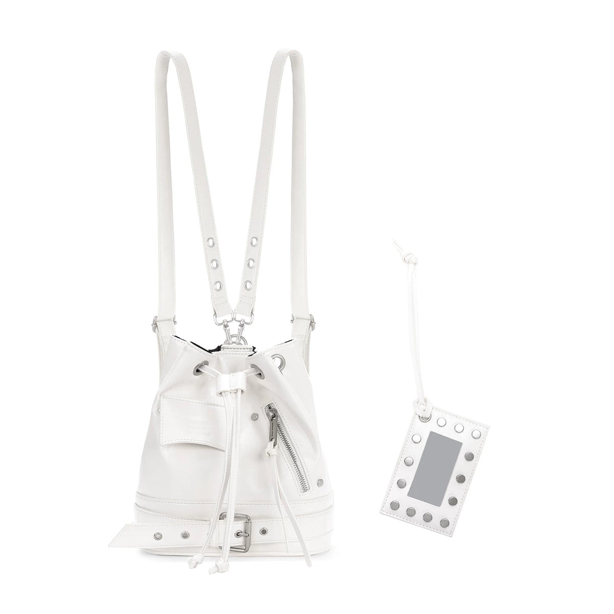 JANDRESS White Faux Leather Drawstring Bucket Bag with Rivet Strap
