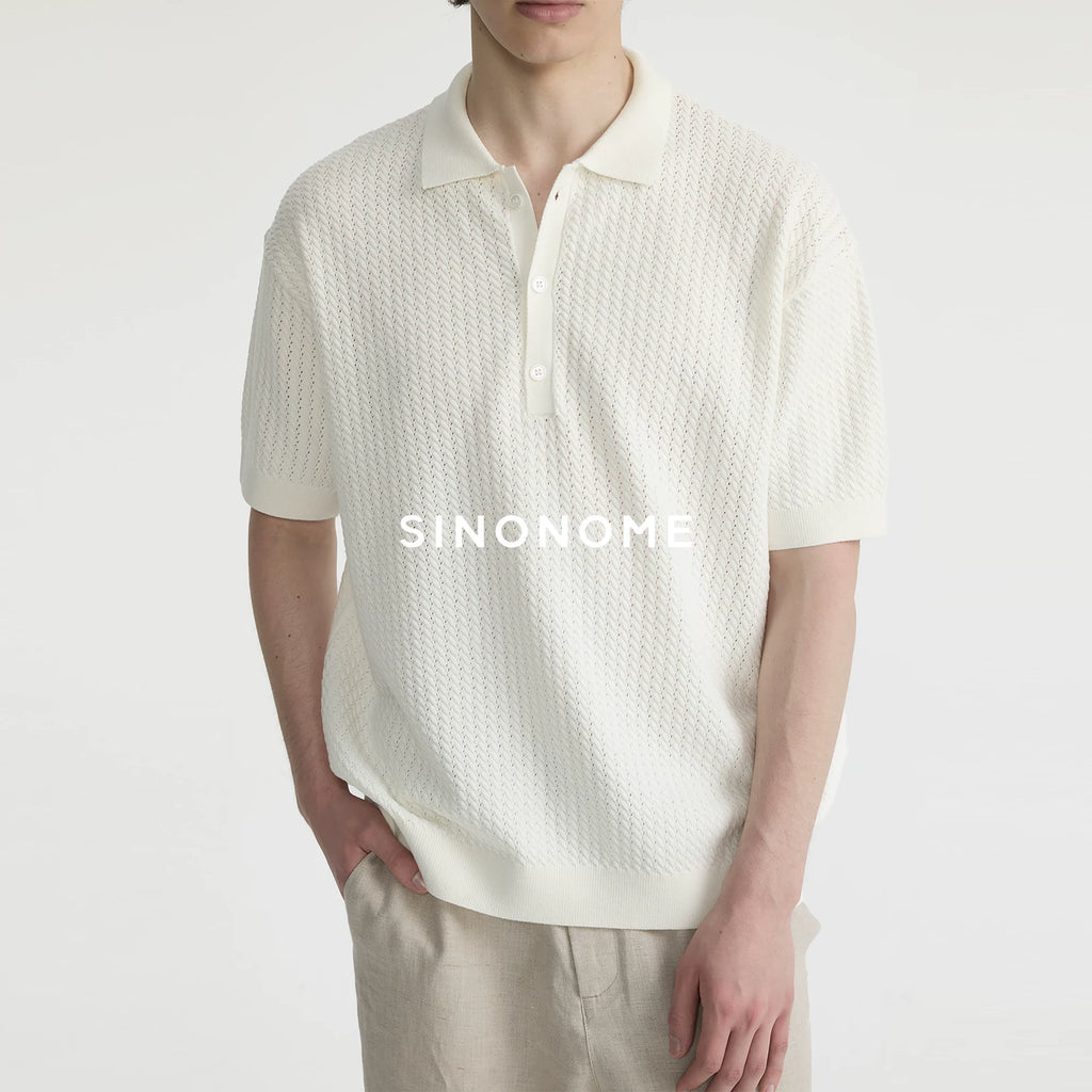 SINONOME Tencel Linen Textured Jacquard Relaxed Polo Tee