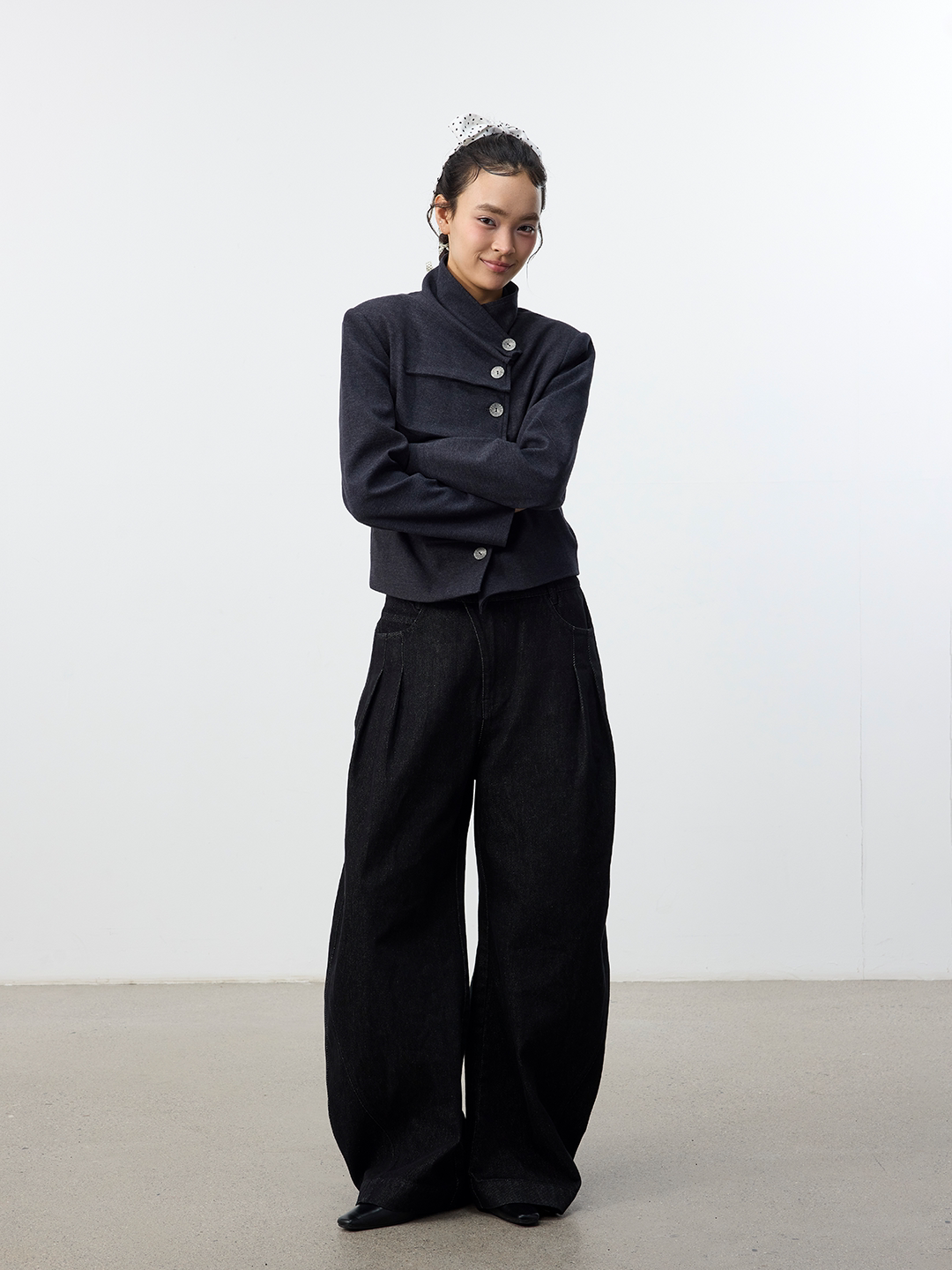 Set for Life Three-dimensional Pinch Pleated Oblique Placket Slim Short Jacket