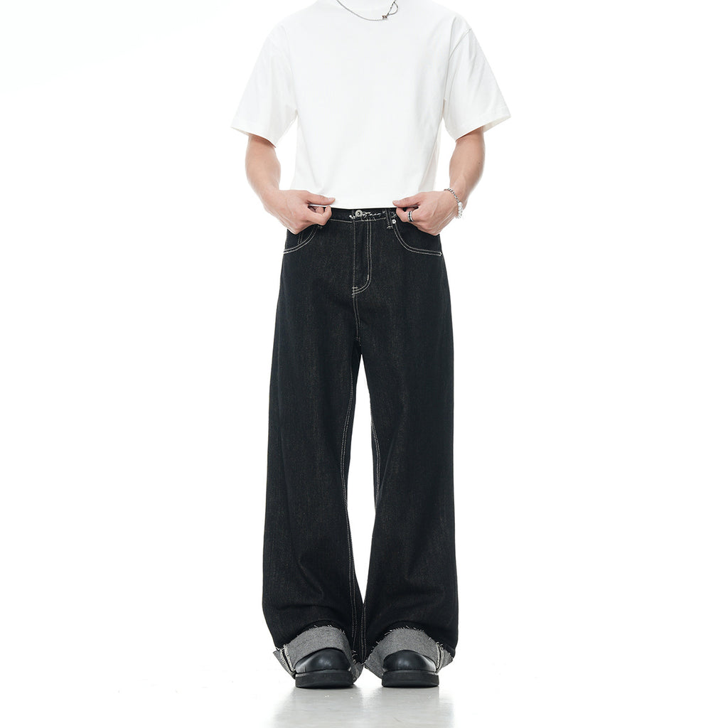 11KN Distressed Stitching Rolled-up Jeans