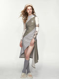 SUREENOUGH Vintage Patchwork Contrast Sleeveless Slit Dress