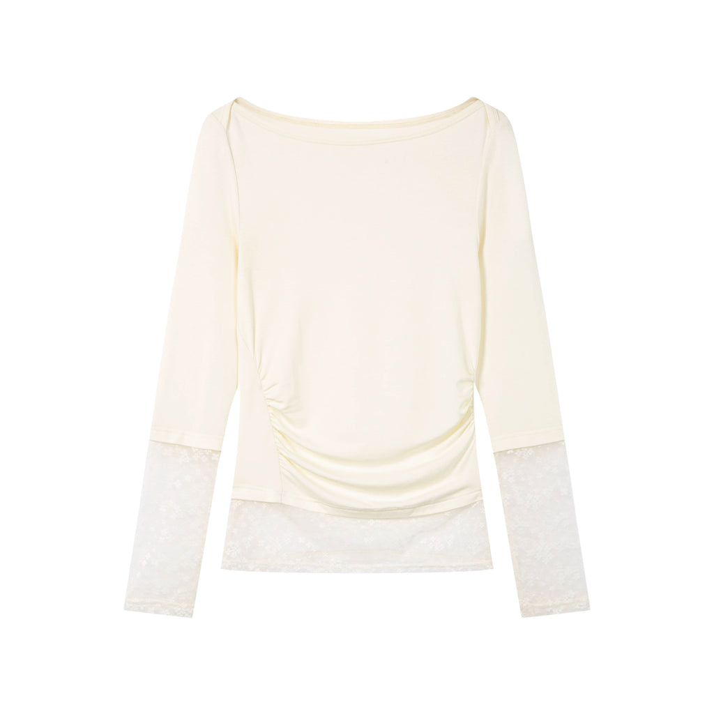 Yawhat Lace Trim Shirred Asymmetric Long-Sleeve Tee